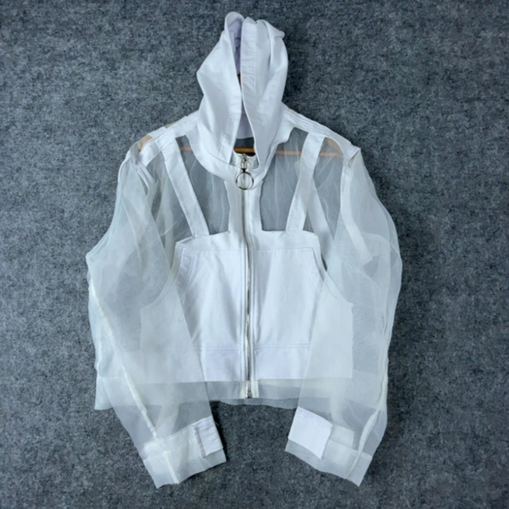 Womens Transparent Hoodie Large White Nylon Sheer Full Zip Festival Futuristic
